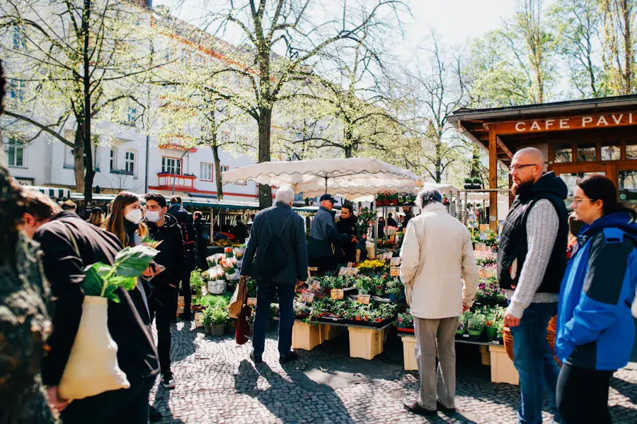 Market with flowers and vegetables